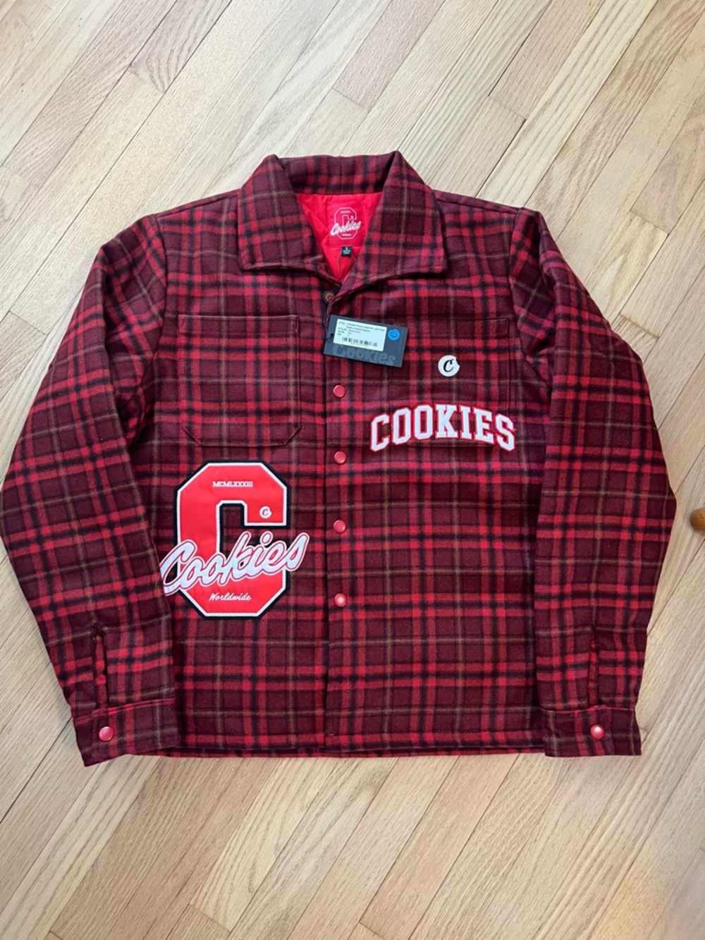 Cookies Red Plaid Coach Jacket with Varsity Logo.Men’s small or women’s large.